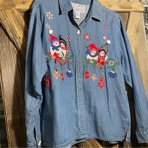 VINTAGE Tantrums Long Sleeve Button up Denim Shirt Snowmen XL Winter Christmas‎